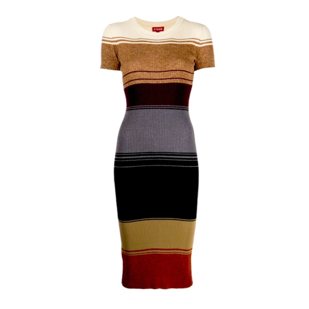 Staud Collen Colorblock Ribbed Sweater Dress Small Stretch Bodycon Midi